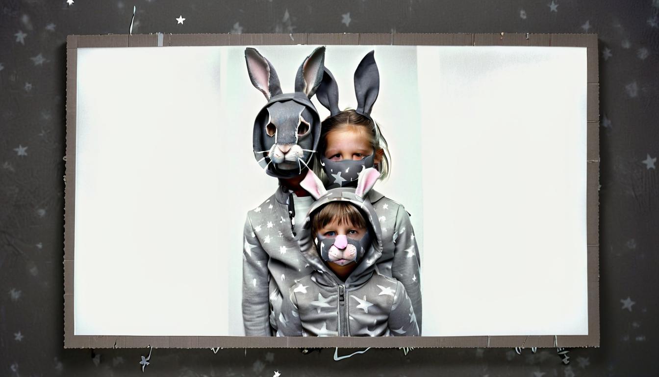  cardboard on the wall man like animals boy and girl with rabbit muzzles grey background in clothes dressed in gray clothes with stars to the eyes, film photography style, glowneon, hkmagic