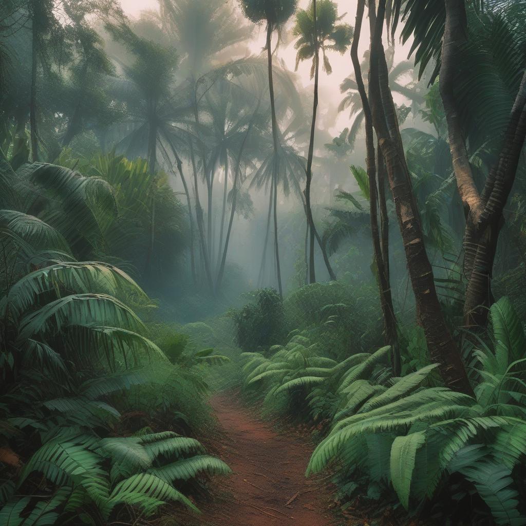  masterpiece, best quality,deep lush dense foggy East African forest closeup Acaia trees palm trees jungle foliage trees vines grass bushes shrubs fallen tree trunk forest floor at early morning before dawn ,