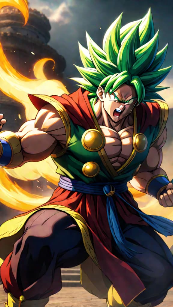  an anime image of paragus fueling broly's hatred towards the royal family for their exile. hyperrealistic, full body, detailed clothing, highly detailed, cinematic lighting, stunningly beautiful, intricate, sharp focus, f/1. 8, 85mm, (centered image composition), (professionally color graded), ((bright soft diffused light)), volumetric fog, trending on instagram, trending on tumblr, HDR 4K, 8K