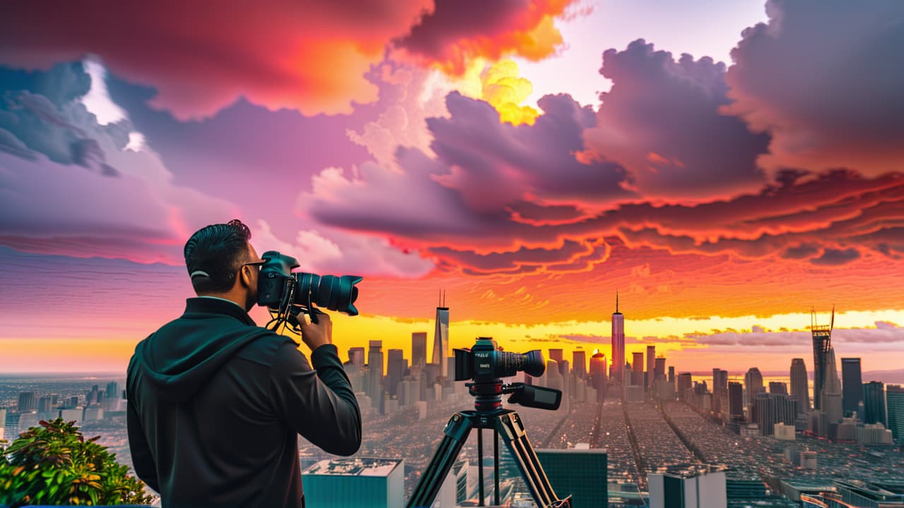  a vibrant scene of a professional photographer capturing a stunning sunset over a city skyline, surrounded by high end camera gear, with dollar signs subtly integrated into the clouds, symbolizing freelance success. hyperrealistic, full body, detailed clothing, highly detailed, cinematic lighting, stunningly beautiful, intricate, sharp focus, f/1. 8, 85mm, (centered image composition), (professionally color graded), ((bright soft diffused light)), volumetric fog, trending on instagram, trending on tumblr, HDR 4K, 8K