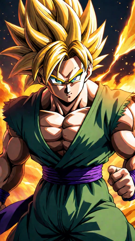  anime art: gohan's super saiyan 2 transformation surpasses goku's power, unlocking a form rivaling gods. hyperrealistic, full body, detailed clothing, highly detailed, cinematic lighting, stunningly beautiful, intricate, sharp focus, f/1. 8, 85mm, (centered image composition), (professionally color graded), ((bright soft diffused light)), volumetric fog, trending on instagram, trending on tumblr, HDR 4K, 8K