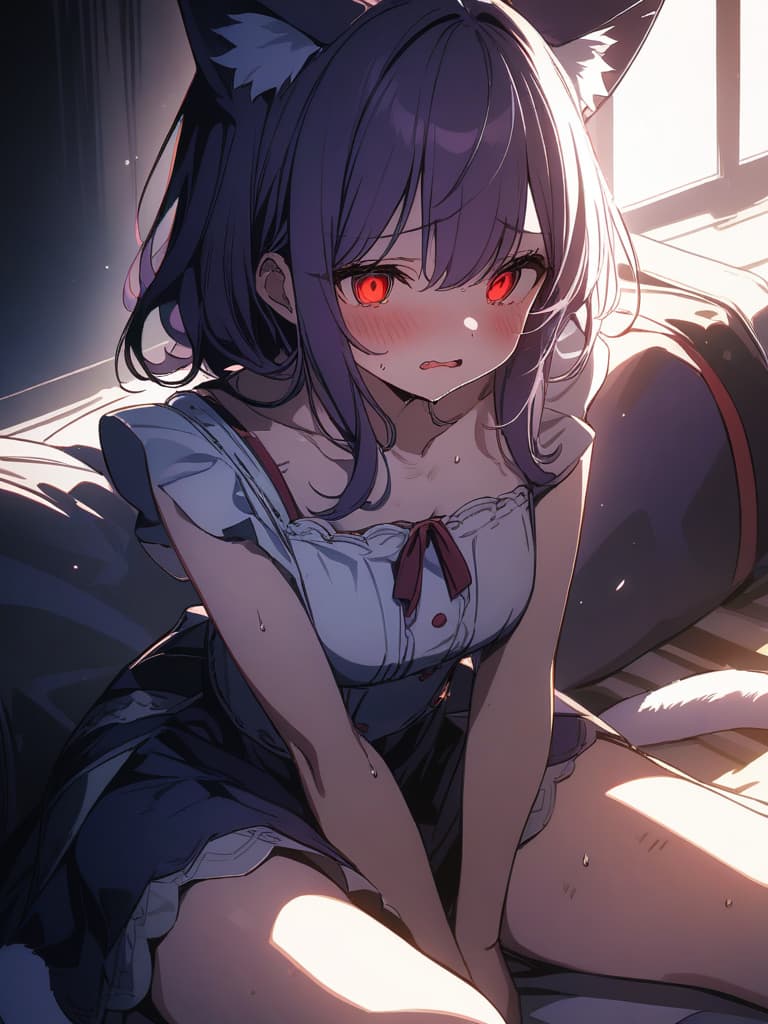  ((cat ears,purple hair,dirty eyes,embarrassed face,embarrassed,tsundere,sweat,cat pose,hands curled up,cat pose,cute,red eyes,double teeth,girly clothes,cute,sitting,sitting on a cushion))、ultra detailed,best shadow,cute and beautiful face,(masterpiece:1.2),(best quality:1.2),detailed background,high contrast,(best illumination,an extremely delicate and beautiful),((cinematic light)),hyper detail,dramatic light,intricate details,8k,anime,very aesthetic