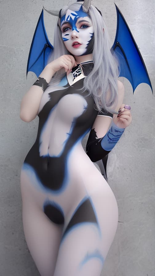  Blue and White bat-shaped body paint in every corner of the whole body, grey body paint all over the body, grey face paint on the face, succubus,full body image female