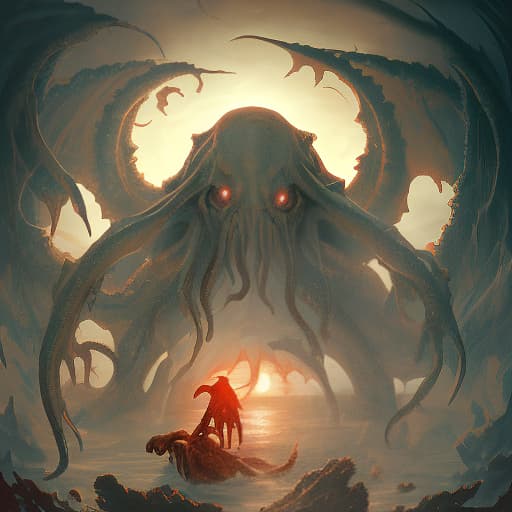  cthulhu on the background of sunset stands in the sea holding a square sheet of white paper, dark , creepy , blood , monsters , by jason engle , carlos huante , charlie bowater , simon lee , brom