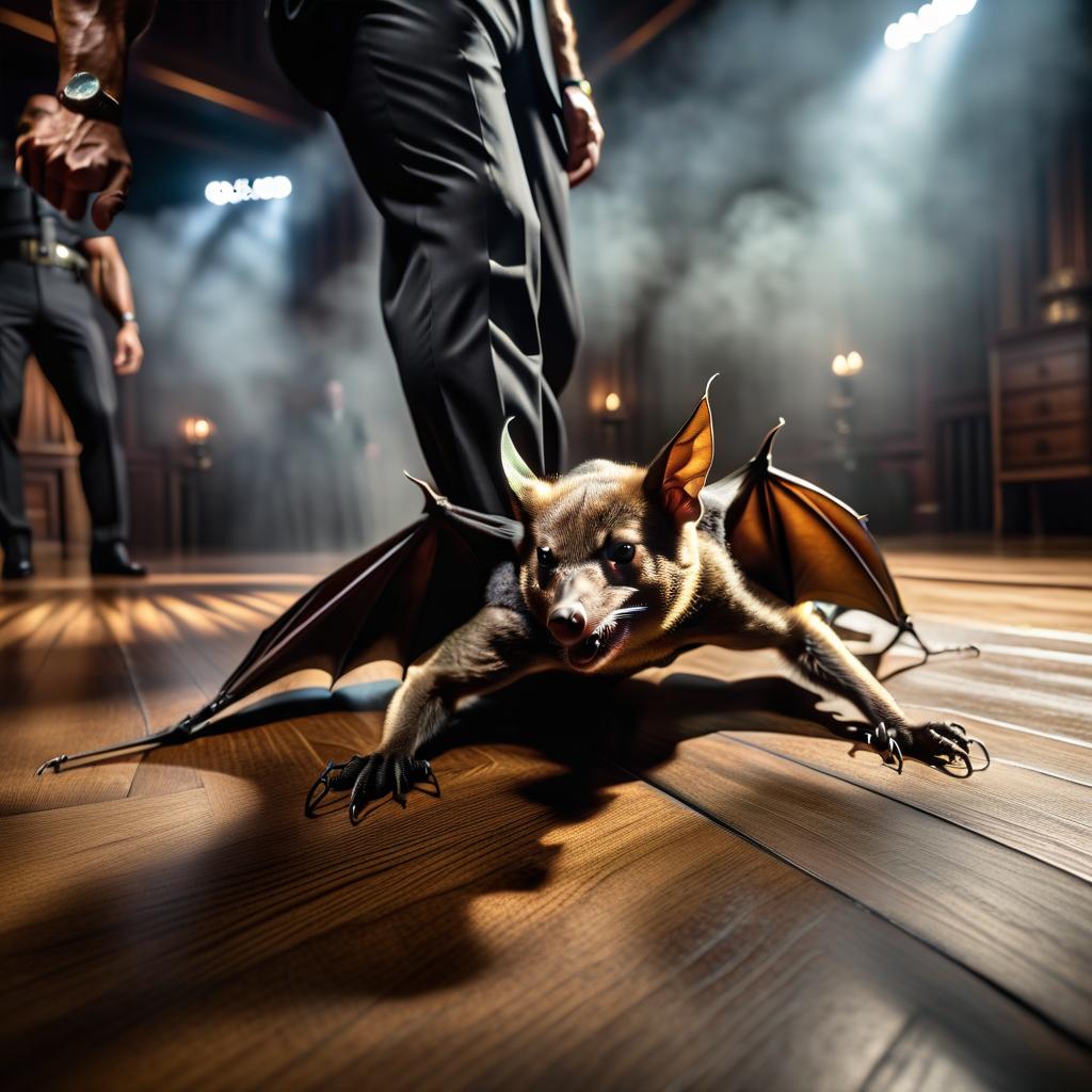  a in a bat tramples the feet of a man who lies on the floor hyperrealistic, full body, detailed clothing, highly detailed, cinematic lighting, stunningly beautiful, intricate, sharp focus, f/1. 8, 85mm, (centered image composition), (professionally color graded), ((bright soft diffused light)), volumetric fog, trending on instagram, trending on tumblr, HDR 4K, 8K