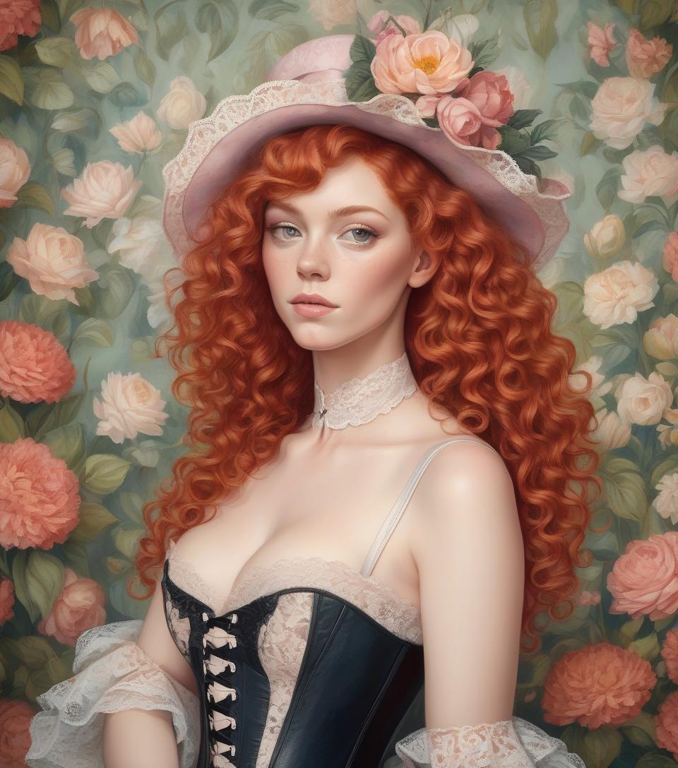  an illustration of a woman with curly red hair, a floral hat, and a lace corset against a floral backdrop. oil painting , masterpiece. perfect anatomy