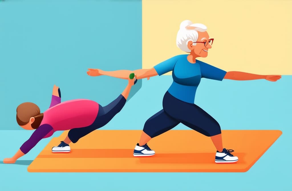  elderly people cartoon characters doing sports, practicing yoga, enjoying aerobics and gymnastics. flat illustration ar 3:2 {prompt}, maximum details