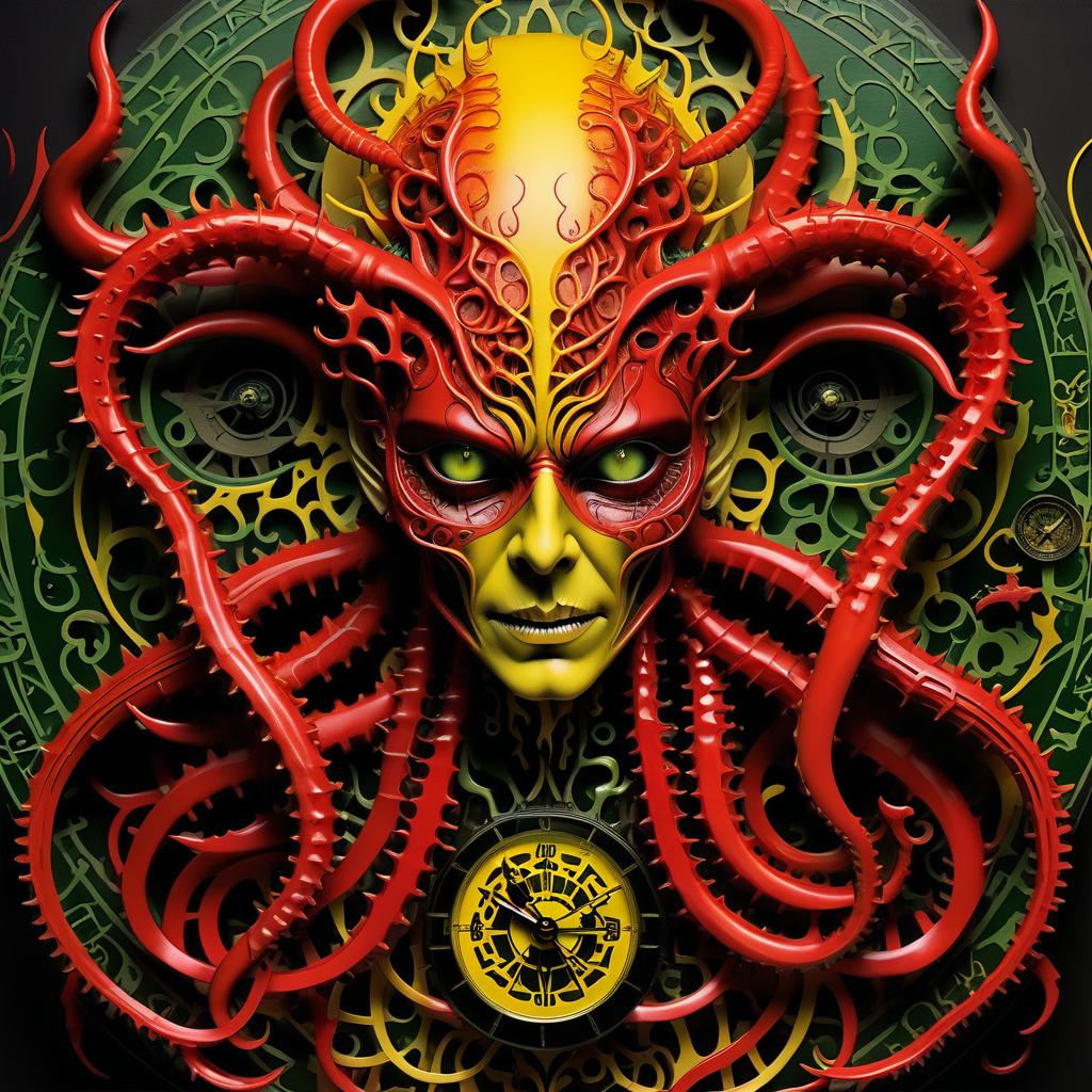  stacked papercut art of beautiful demone hellraiser whisperer giger demon looks scary prickly red watch in yellow smoke and green sparks suction wings looks scary prickly red watch in yellow smoke and green sparks suction cups tentacles eyes all lower jaw sting tentacles claws and a terrible moan in red smoke . 3d, layered, dimensional, depth, precision cut, stacked layers, papercut, high contrast