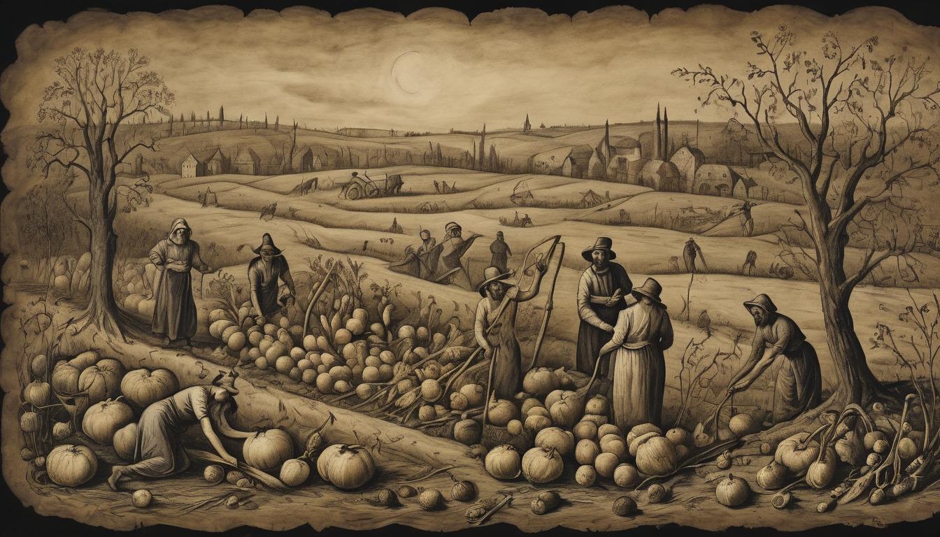  on parchment, surrealism++, people harvesting rotten crops in a dark field, consequences of actions, dark harvest, failure(mysterious, provocative, symbolic)++