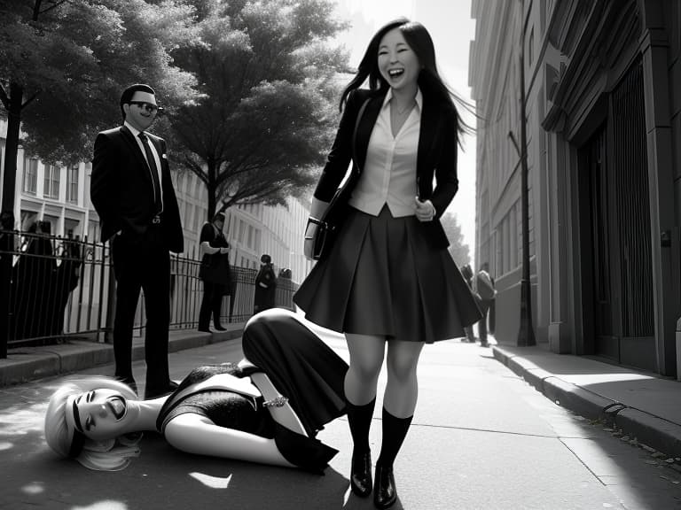  a full length beautiful young woman in a micro skirt laughs at a fallen man