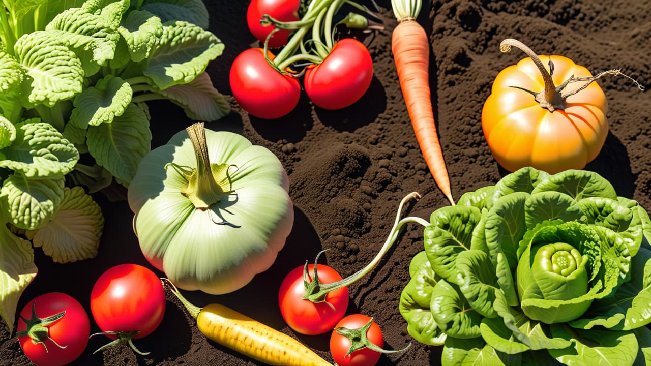  a vibrant vegetable garden scene featuring lush green lettuce, bright orange carrots, plump red tomatoes, and golden squash, surrounded by rich brown soil, colorful flowers, and a sunny blue sky overhead. hyperrealistic, full body, detailed clothing, highly detailed, cinematic lighting, stunningly beautiful, intricate, sharp focus, f/1. 8, 85mm, (centered image composition), (professionally color graded), ((bright soft diffused light)), volumetric fog, trending on instagram, trending on tumblr, HDR 4K, 8K