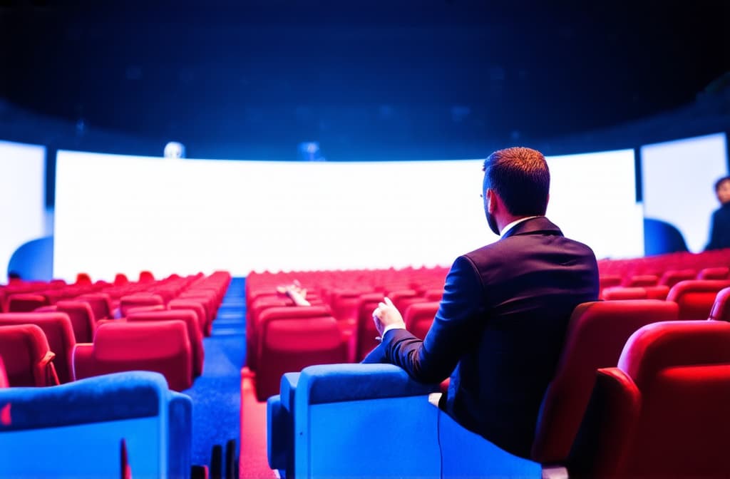  advertising style, stock photo, corporate branding style the only spectator sits in the cinema hall and looks at the screen. ar 3:2 . professional, clean, modern, product focused, commercial, eye catching, minimalist, business oriented, highly detailed