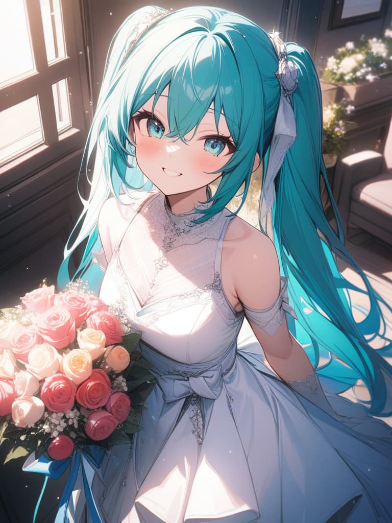  hatsune miku, white dress, cute, happybirthday, smile, bouquet, full smile, masterpiece, best quality,8k,ultra detailed,high resolution,an extremely delicate and beautiful,hyper detail