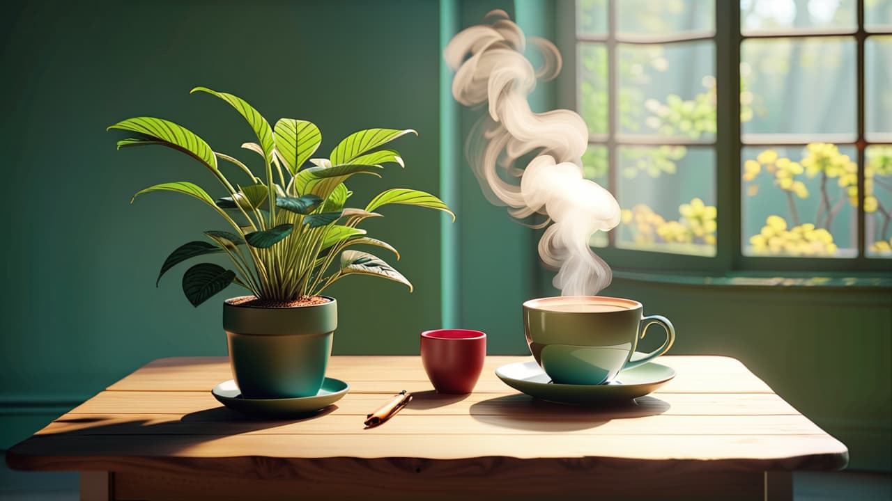  a serene minimalist room with a soft, neutral palette, featuring a simple wooden table with a steaming cup of tea, a small potted plant, and a clock showing exactly 15 minutes, sunlight streaming in from a window. hyperrealistic, full body, detailed clothing, highly detailed, cinematic lighting, stunningly beautiful, intricate, sharp focus, f/1. 8, 85mm, (centered image composition), (professionally color graded), ((bright soft diffused light)), volumetric fog, trending on instagram, trending on tumblr, HDR 4K, 8K