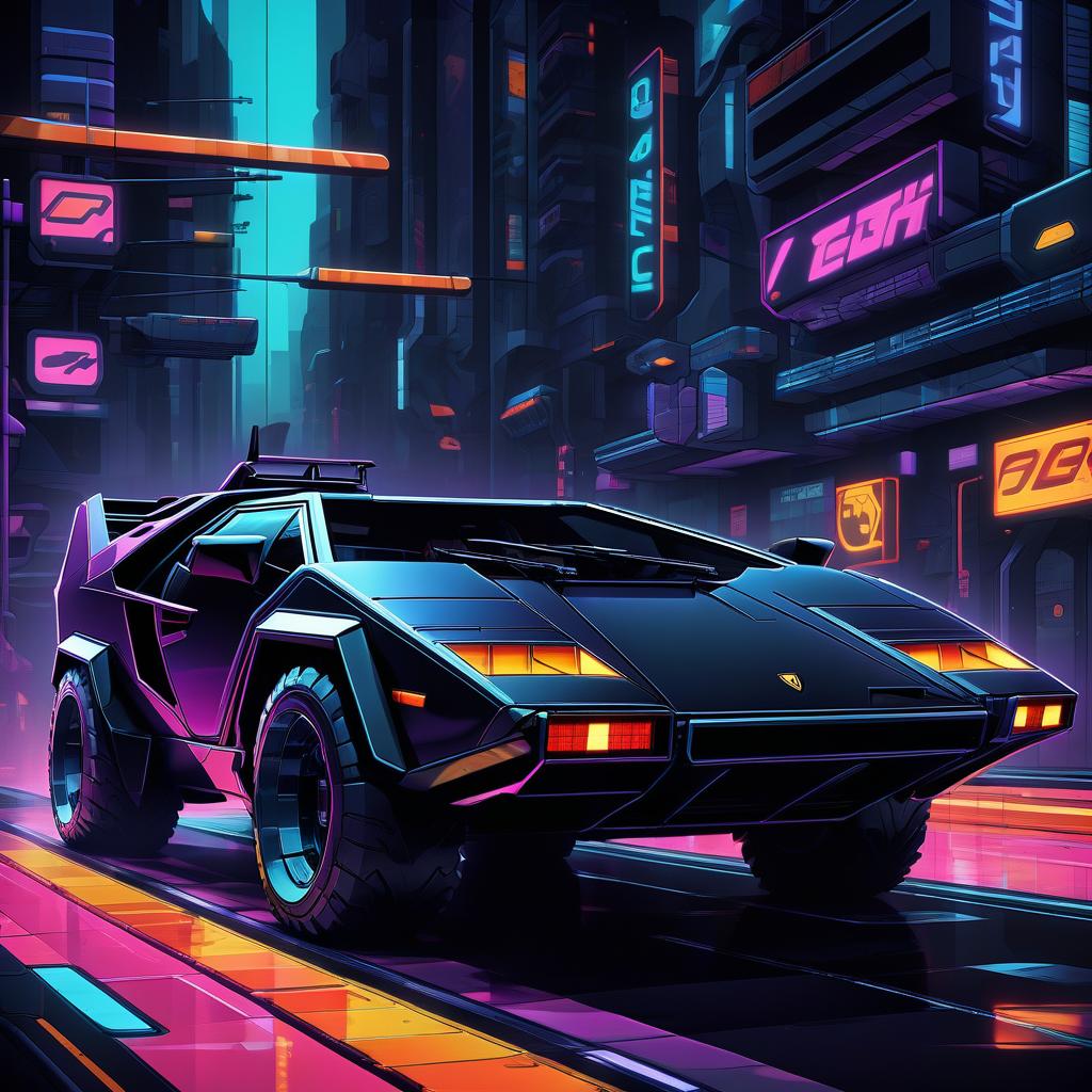  retro game art retro futuristic, black, brutal suv, externally reminiscent of the lamborghini countach. . 16 bit, vibrant colors, pixelated, nostalgic, charming, fun