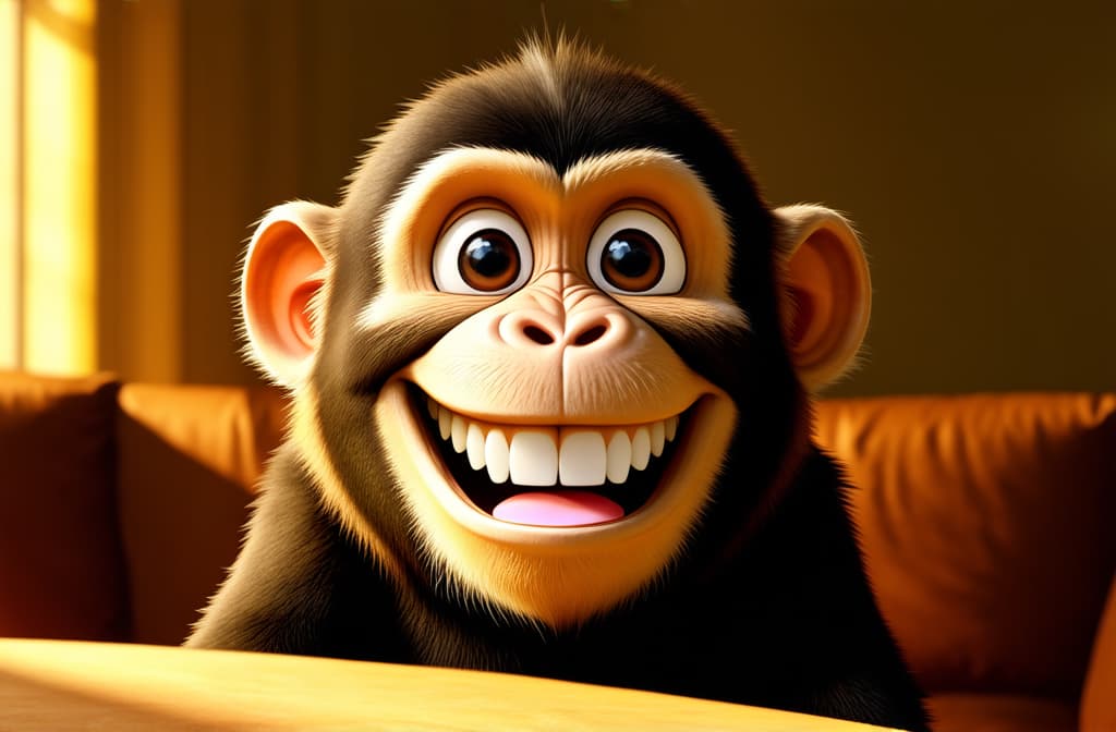  cinematic film style, caricature very big toothy wide smile of smiling monkey, monkey with white smile looking at camera ar 3:2, shallow depth of field, vignette, maximum details, high budget hollywood movie, bokeh, cinemascope, moody, epic, gorgeous, sun rays and shadows on furniture and surfaces, flattering light, raw photo, photography, photorealistic, 8k resolution, f1.4, sharpened focus, sharp focus