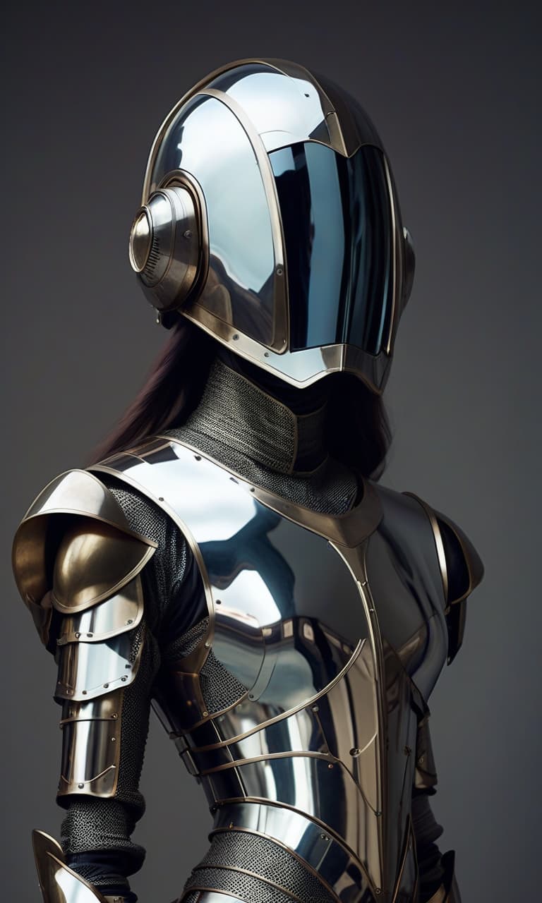  faceless androgynous droid. dressed in high tech but medieval style mirrorscale armor and sleek high tech full face helmet with mirrored visor,