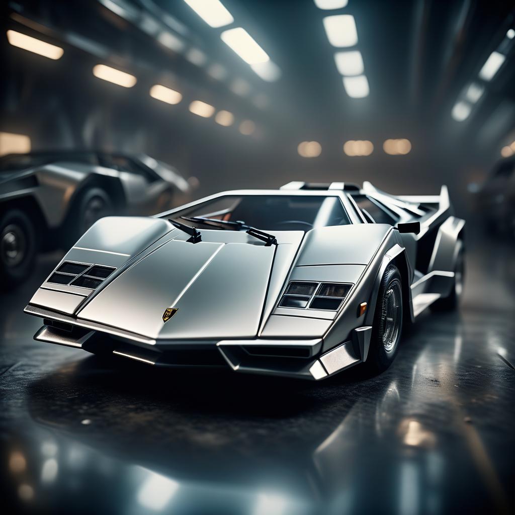  cinematic film still the spacecraft looks like a lamborghini countach, silver color, in the styles of futurism, dieselpunk and steampunk. . shallow depth of field, vignette, highly detailed, high budget, bokeh, cinemascope, moody, epic, gorgeous, film grain, grainy