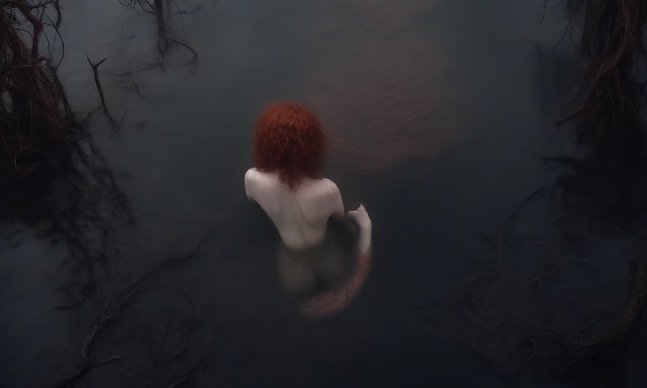  horror themed view of the water from above, in the water is a naked woman with curly red hair and a beautiful figure.there is fog around the area . eerie, unsettling, dark, spooky, suspenseful, grim, highly detailed