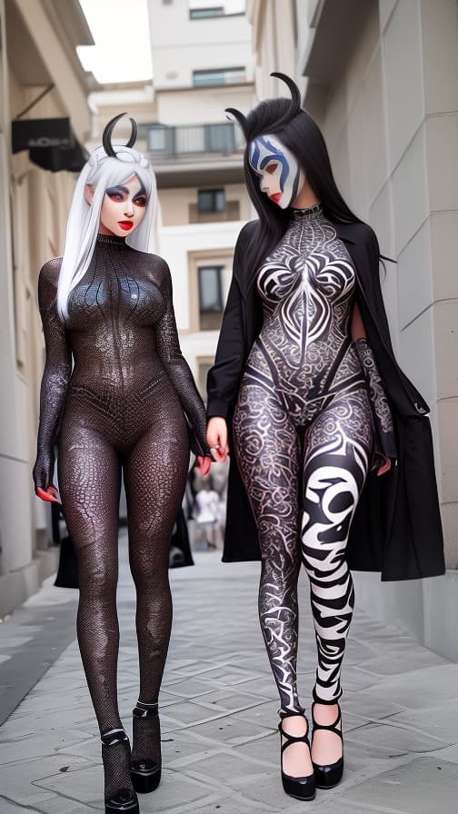  Black Spider-patterned body paint in every corner of the whole body, full-body, silver body paint, White face paint on the face,Two Dark elfs 女性