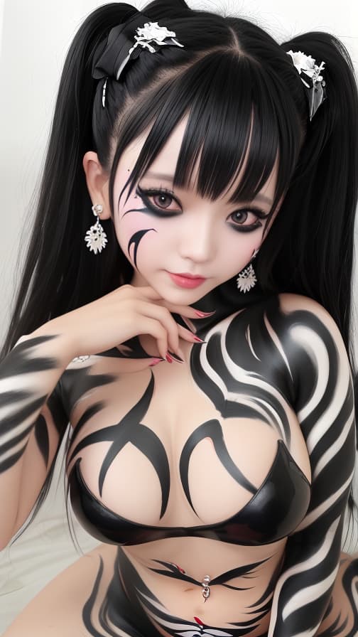  Black and White flame pattern body paint in every corner of the whole body, G rey body paint full body,G rey face paint on the face, two succubus sisters, full body image 女性