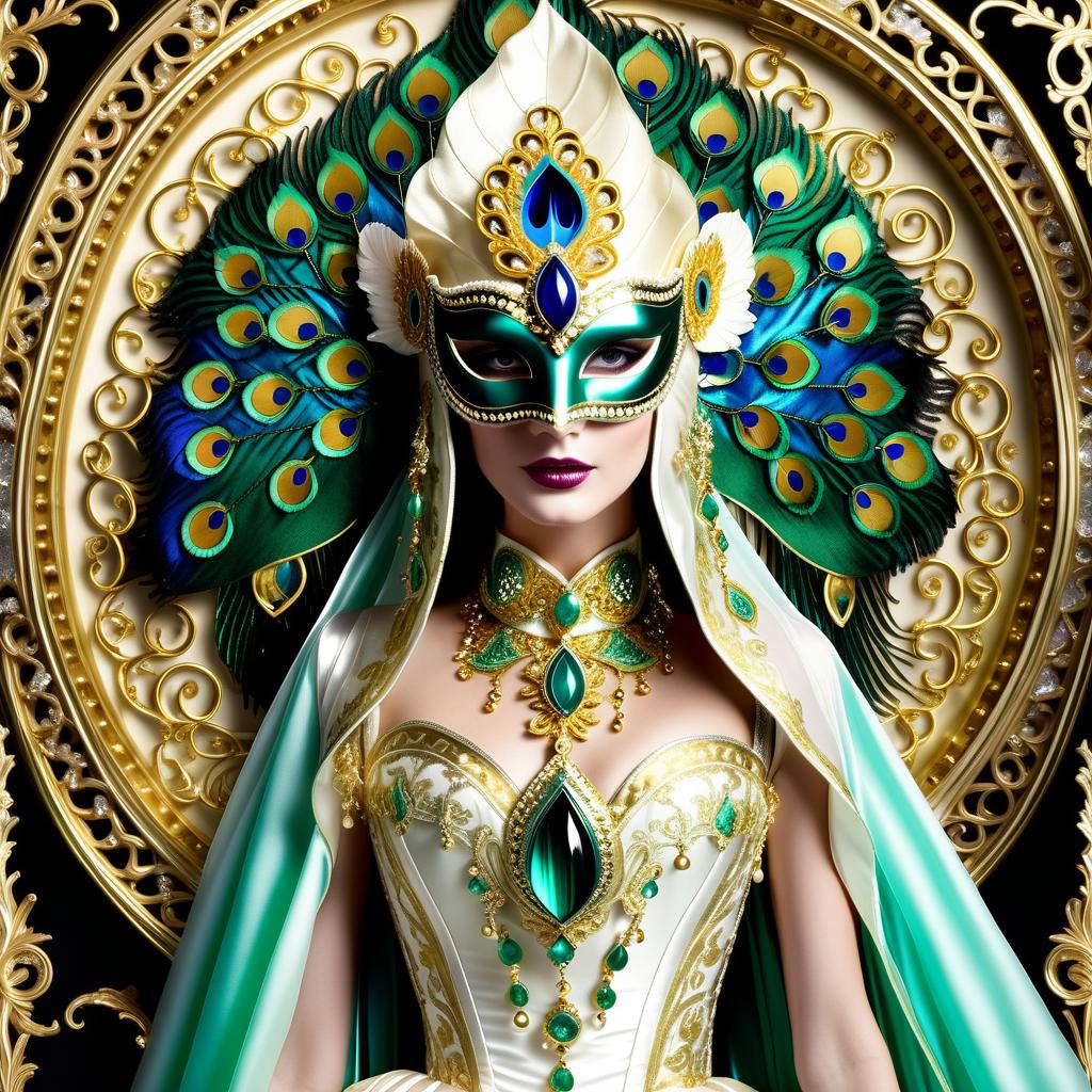  dreamscape (background):black silk cloak, topazes, rubies, emeralds, gold candlestick with white gold flame. ((the eye slits reflect the contours of the palaces and canals of venice1,9)). ((half mask columbine) a mask covering only part of the face. silver mask:with gold patterned ornamentation. colours:light green, blue, pearl cream, peacock feathers, gold and silver beads, gold leaf, gemstones, venetian lace, rhinestones, beads. (style):fantasy, renaissance, dream, mystery, mystery, dream, italy, venice, barcarolle, minestrel. . surreal, ethereal, dreamy, mysterious, fantasy, highly detailed