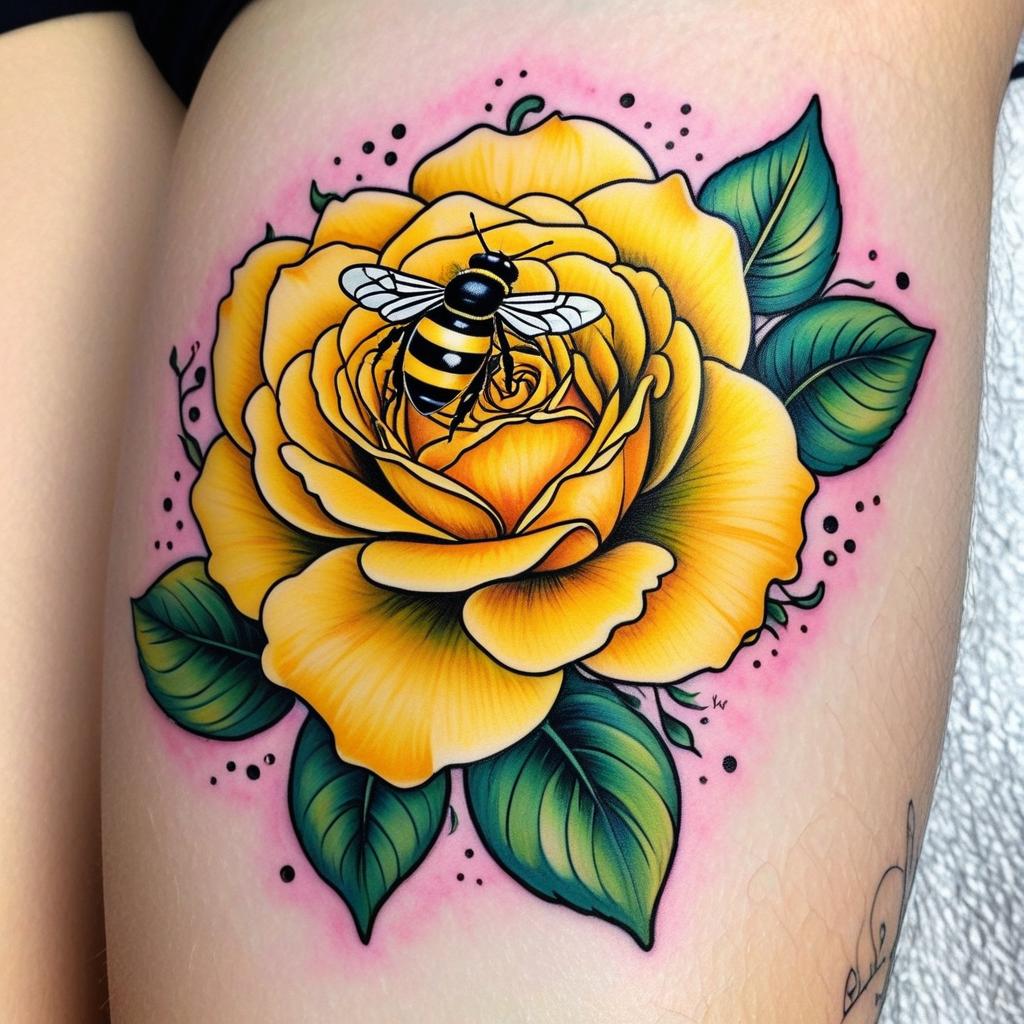  yellow roses, pink lillie's, filler greens, ladybug on yellow rose, bumble bee flying above rose, butterfly, amd a dragon fly, girly, (tattoo), (sleeve tattoo design on the arm)