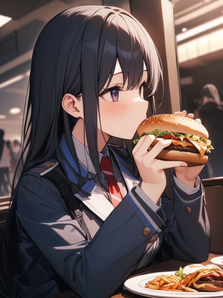  long black hair, beautiful, uniform, hamburger, eating, masterpiece, best quality,8k,ultra detailed,high resolution,an extremely delicate and beautiful,hyper detail