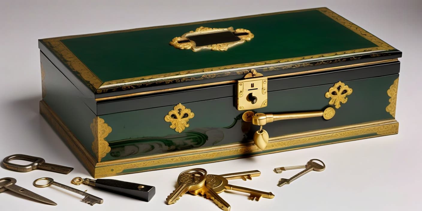  i look into a large open vintage, lacquered box with keys and tools, with gold details located exactly, right in front of my face, beaten inside with green velvet