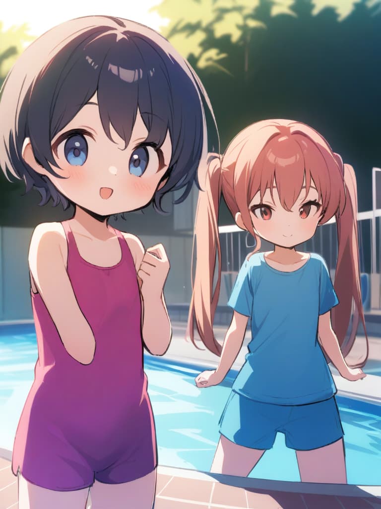  elementary students, s, transveses, short stages, old swimwear (dark blue old ), clear shape (), (), cute smile face, short hair, pool, pool,