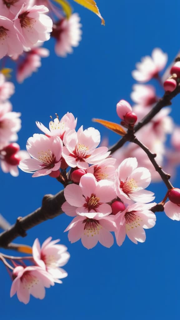  a blooming cherry blossom tree, with delicate pink petals set against a clear dark blue sky.