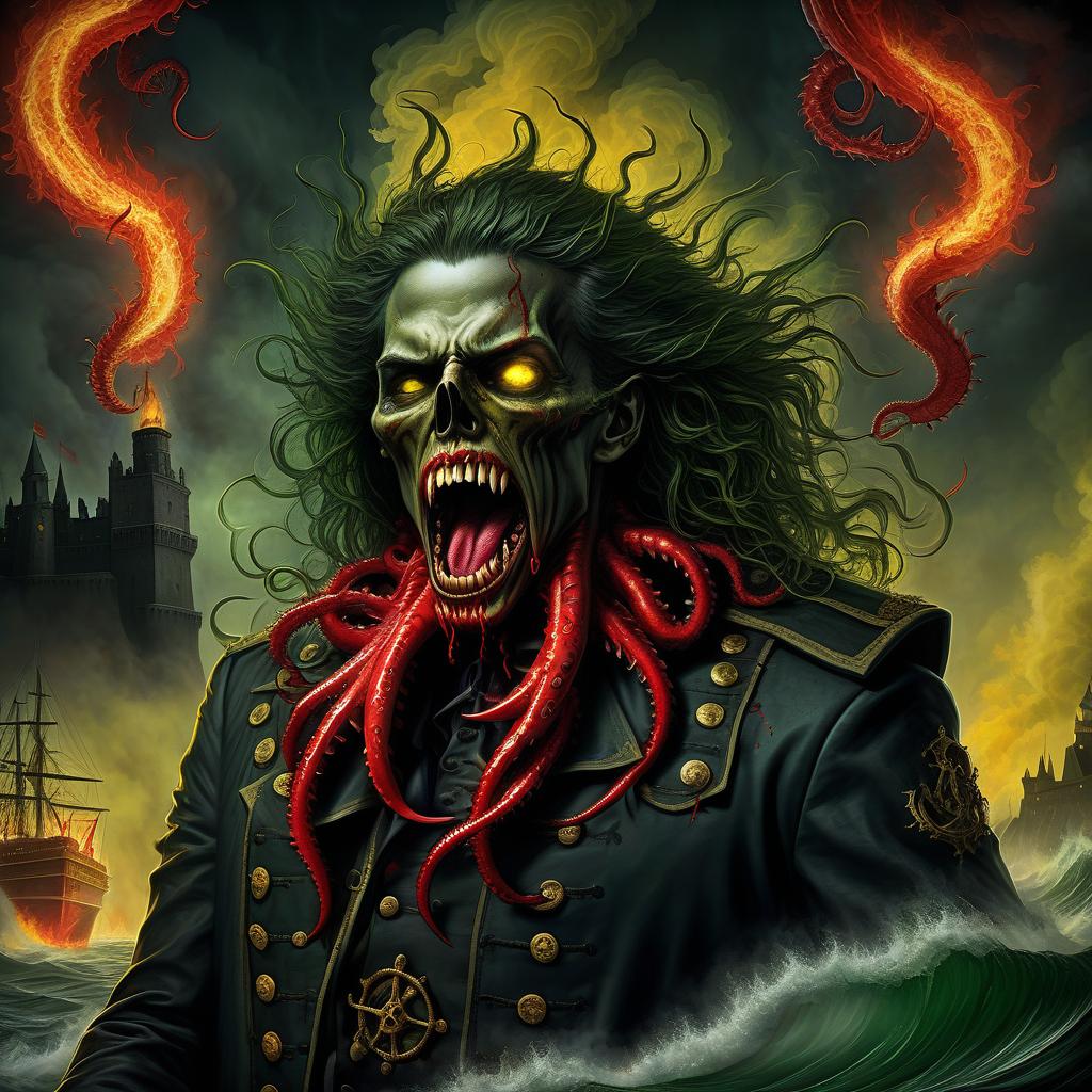  nautical themed in a black castle, a demonic vampire pretends to be a saint wrapped in a red rag wound strewn with spines of blades mucus in yellow and green smoke fire and sparks of tentacle ring claws scream and horror . sea, ocean, ships, maritime, beach, marine life, highly detailed