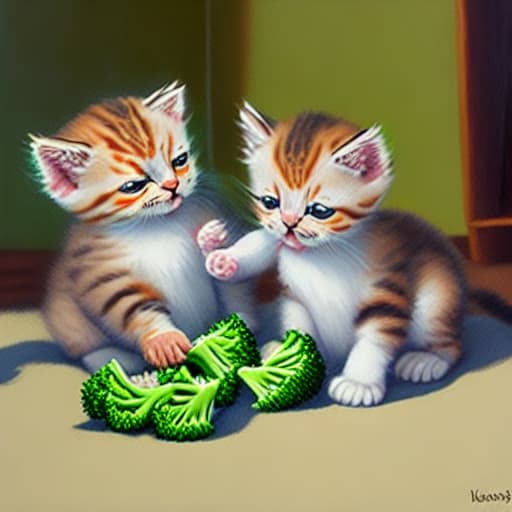  Painting of kittens eating broccoli