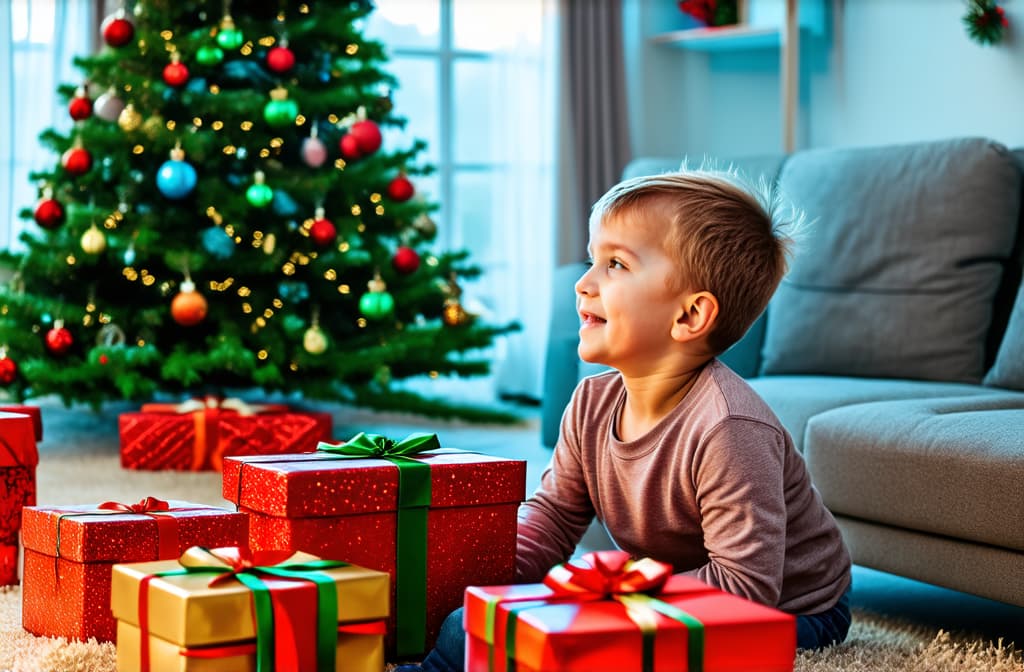  professional detailed photography, happy child looking at in the background decorated christmas tree christmas gifts festive indoor big living room with christmas gifts on the floor ar 3:2, (muted colors, dim colors, soothing tones), (vsco:0.3)