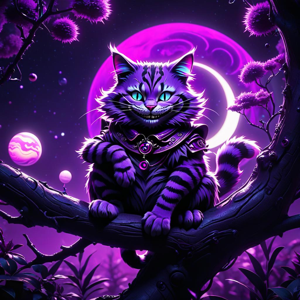  neonpunk style the cheshire cat smiles broadly and sits on a branch, purple black purple colors, space and planets on a pasty background . cyberpunk, vaporwave, neon, vibes, vibrant, stunningly beautiful, crisp, detailed, sleek, ultramodern, magenta highlights, dark purple shadows, high contrast, cinematic, ultra detailed, intricate, professional