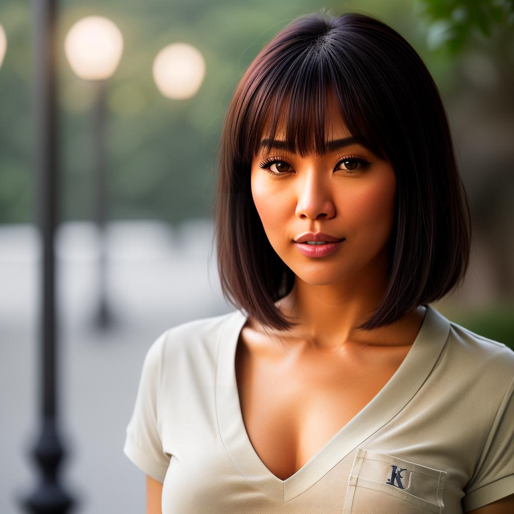  (((realistic full torso frontal head shot of a light tan skin tone woman))), kaede mio takahashi, ((japanese heritage)), immature face, hazel eye color, ((bangs hair style)), ((black hair color)), (( body type)), small size, small size, (immature round nose), (immature high cheekbones), (immature smooth jawline), (immature full lips), (immature medium forehead), (immature arched eyebrows), (immature defined chin), standing straight looking directly into the camera,((wearing fitted polo shirt with deep v neck and monogrammed pocket)), backyard in background, 1girl, best quality, highest quality, award winning photo, masterpiece, raw, professional photography, photorealism, sharp focus, cinematic, high resolution, sharp hyperrealistic, full body, detailed clothing, highly detailed, cinematic lighting, stunningly beautiful, intricate, sharp focus, f/1. 8, 85mm, (centered image composition), (professionally color graded), ((bright soft diffused light)), volumetric fog, trending on instagram, trending on tumblr, HDR 4K, 8K