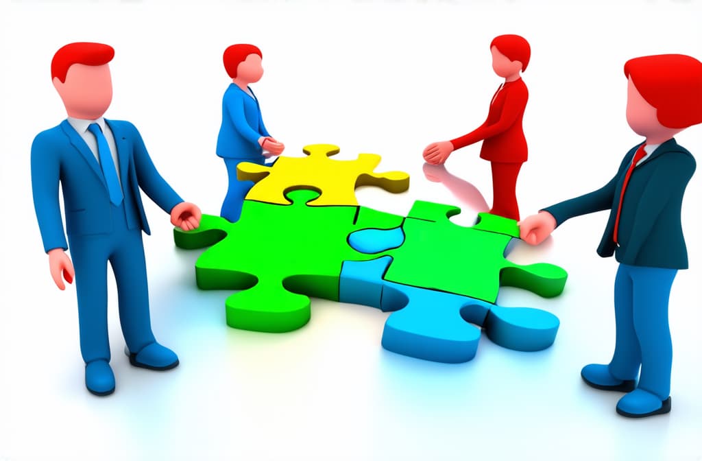  people connecting puzzle pieces. 3d illustration. cartoon characters. business teamwork concept on white background ar 3:2 {prompt}, maximum details