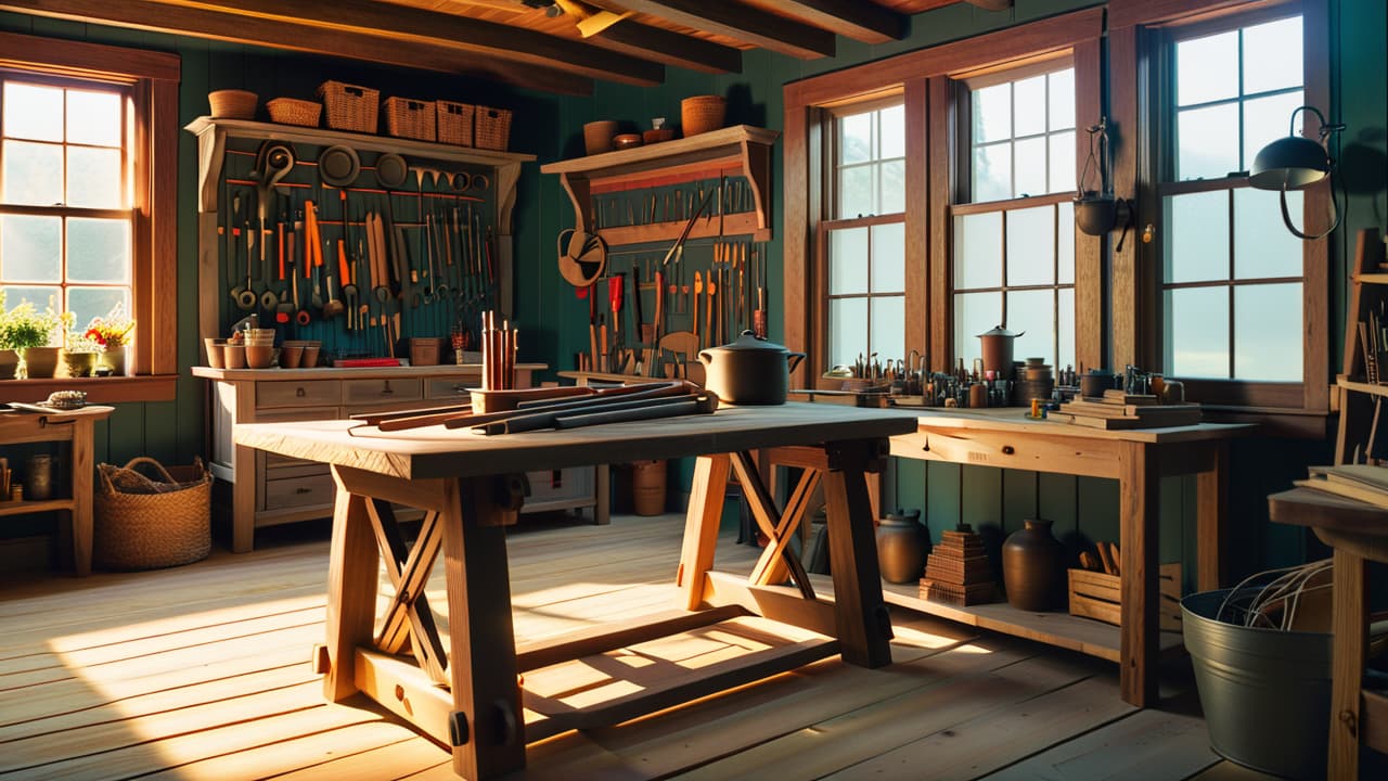  a rustic workshop filled with various woodworking projects: elegant furniture, intricate carvings, and handmade decor. soft sunlight filters through the windows, illuminating a sturdy workbench adorned with tools, wood shavings, and measuring tape. hyperrealistic, full body, detailed clothing, highly detailed, cinematic lighting, stunningly beautiful, intricate, sharp focus, f/1. 8, 85mm, (centered image composition), (professionally color graded), ((bright soft diffused light)), volumetric fog, trending on instagram, trending on tumblr, HDR 4K, 8K