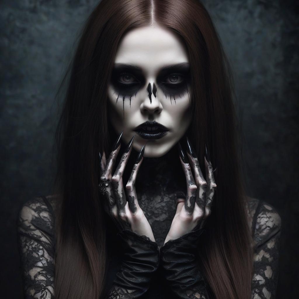  macabre style girl, gothic, long brown hair, long black sharp nails . dark, gothic, grim, haunting, highly detailed