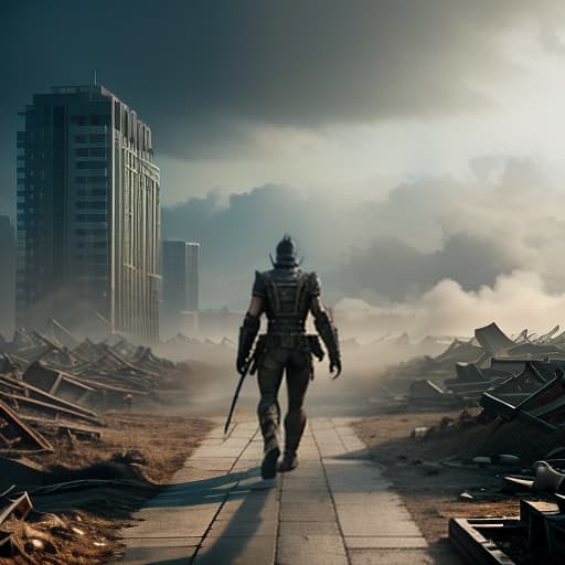  A warrior of the apocalypse walks through the ruined megapolis. hyperrealistic, full body, detailed clothing, highly detailed, cinematic lighting, stunningly beautiful, intricate, sharp focus, f/1. 8, 85mm, (centered image composition), (professionally color graded), ((bright soft diffused light)), volumetric fog, trending on instagram, trending on tumblr, HDR 4K, 8K