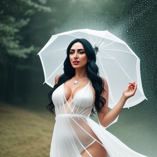  beautiful turkish woman with long black hair dancing happily in torrential rain wearing a sheer white gossamer silk silk dress with a daring plunging neckline and getting completely soaked and clinging to her body hyperrealistic, full body, detailed clothing, highly detailed, cinematic lighting, stunningly beautiful, intricate, sharp focus, f/1. 8, 85mm, (centered image composition), (professionally color graded), ((bright soft diffused light)), volumetric fog, trending on instagram, trending on tumblr, HDR 4K, 8K