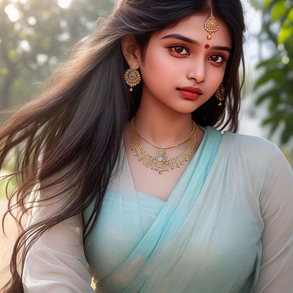  masterpiece, best quality, A close-up photograph of a young Indian girl, aged 25, with sharp focus on her features like earrings, lips, long hair, and necklace. The background is intentionally blurred, drawing attention to her. The sunlight highlights her upper body, creating a warm and inviting atmosphere. (Photography, natural light, DSLR camera with low aperture setting)