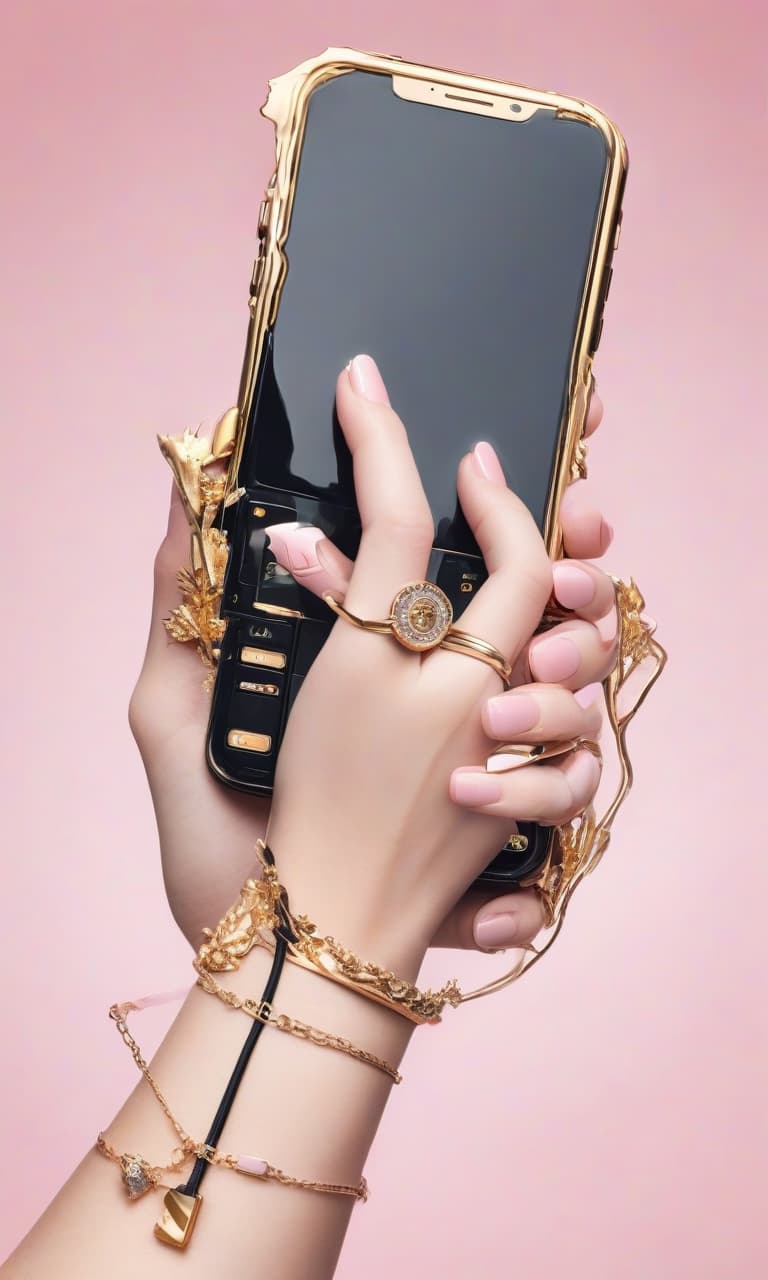  concept art color pink, white, black, gold hand holding the phone broken . digital artwork, illustrative, painterly, matte painting, highly detailed, perfect hands