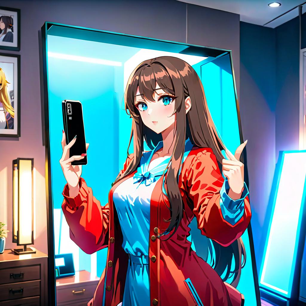  anime artwork a woman with long hair is taking a selfie in the mirror a woman standing in front of a mirror holding a cell phone . anime style, key visual, vibrant, studio anime, highly detailed hyperrealistic, full body, detailed clothing, highly detailed, cinematic lighting, stunningly beautiful, intricate, sharp focus, f/1. 8, 85mm, (centered image composition), (professionally color graded), ((bright soft diffused light)), volumetric fog, trending on instagram, trending on tumblr, HDR 4K, 8K