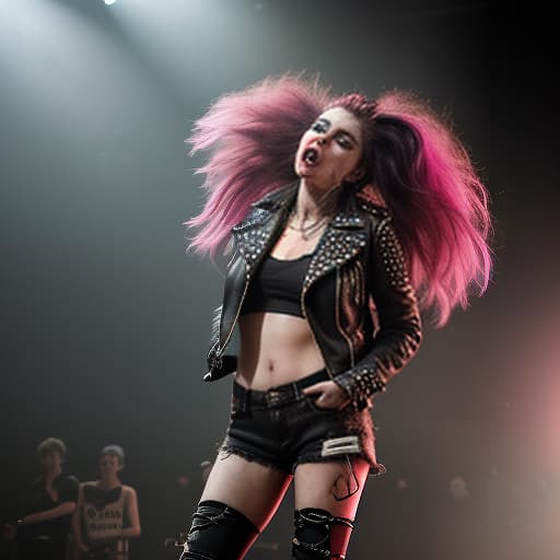  photograph of a fashion model, a punk rocker girl on stage, dressed in a torn leather jacket with studs, ripped jeans, and high top sneakers with bright laces. her face is pale, with sharp features and defined cheekbones, reflecting her inner strength and determination. her eyes are boldly outlined with black eyeliner, with deep dark shadows adding drama. her lips are covered in rich dark lipstick, with a slightly smudged outline that adds a touch of carelessness. her hair is brightly colored, disheveled, and styled in a chaotic yet purposeful mess. she stands on stage, emotionally screaming, expressing rebellion and passion. smoke swirls around her, and the lighting creates dramatic shadows, emphasizing her energetic and defiant presence. 