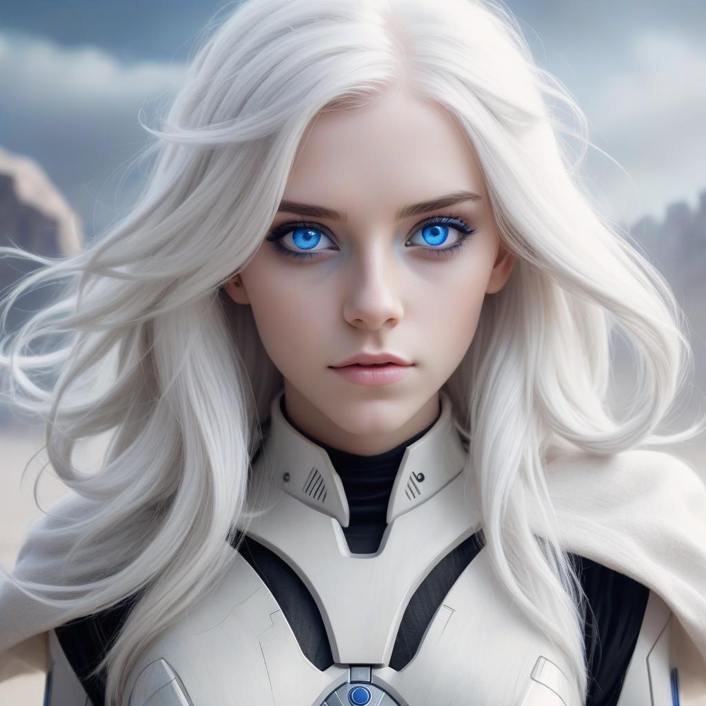  a girl with white hair and blue eyes. star wars style