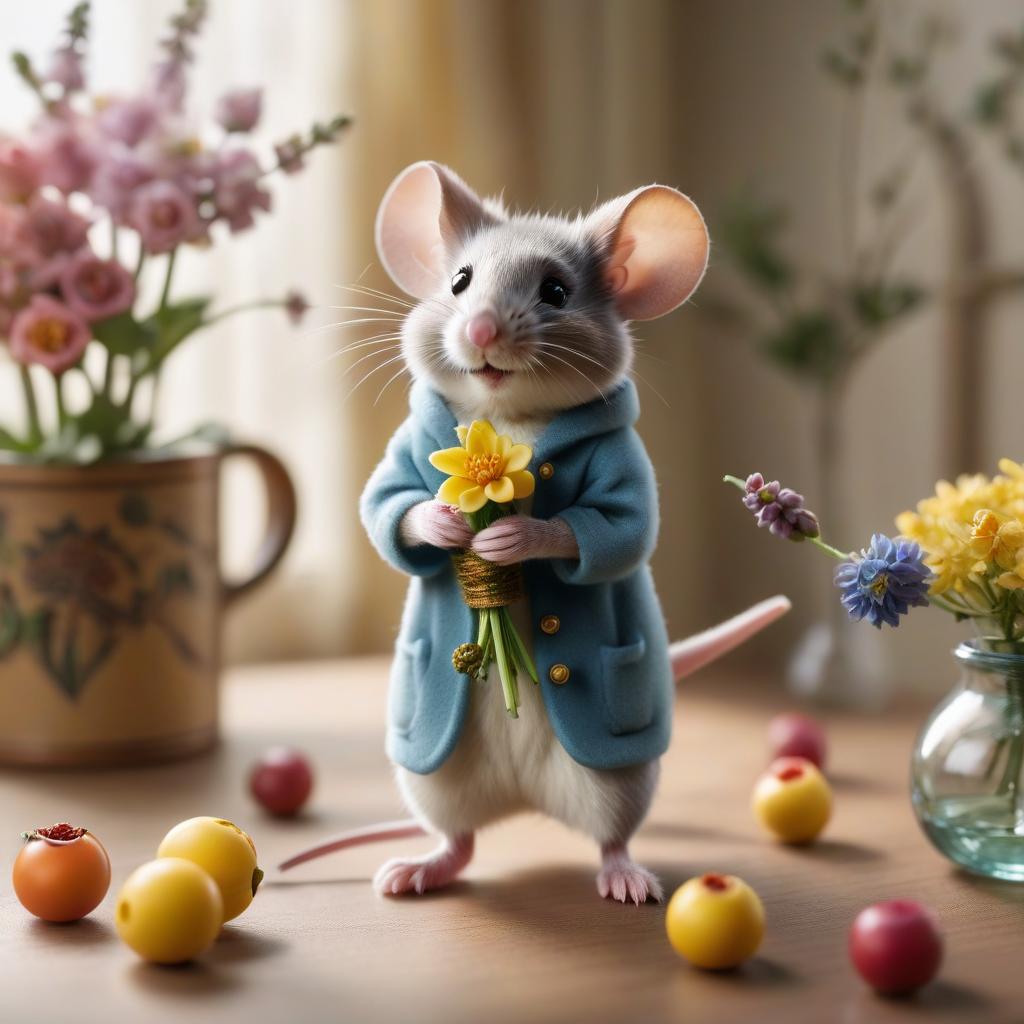  kawaii style the mouse leans on a vase of flowers and reaches full length to the buds . cute, adorable, brightly colored, cheerful, anime influence, highly detailed hyperrealistic, full body, detailed clothing, highly detailed, cinematic lighting, stunningly beautiful, intricate, sharp focus, f/1. 8, 85mm, (centered image composition), (professionally color graded), ((bright soft diffused light)), volumetric fog, trending on instagram, trending on tumblr, HDR 4K, 8K