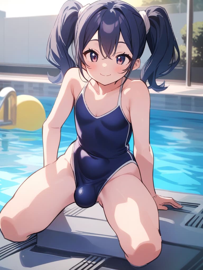  junior high s, twin tails, cute smiles, dark blue, dark blue swimwear, dark blue swimwear, large vertical swimwear (double vertical tools, shapes, bulging, male bulge, swelling), front legs, whole body, pool, pool, pool, pool.