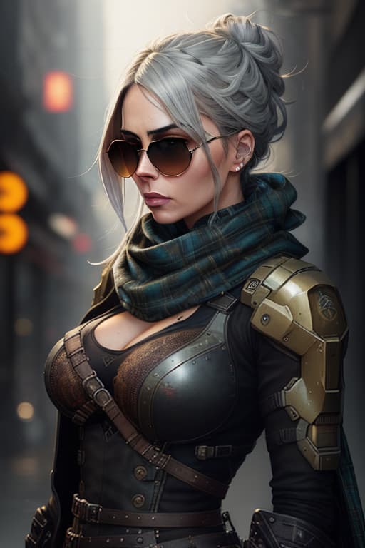  (dark shot:1.1), epic realistic, steam punk, portrait of halo, Cara Delevigne, sunglasses, blue eyes, tartan scarf, white hair by atey ghailan, by greg rutkowski, by greg tocchini, by james gilleard, by joe fenton, by kaethe butcher, gradient yellow, black, brown and magenta color scheme, grunge aesthetic!!! graffiti tag wall background, art by greg rutkowski and artgerm, soft cinematic light, adobe lightroom, photolab, hdr, intricate, highly detailed, (depth of field:1.4), faded, (neutral colors:1.2), (hdr:1.4), (muted colors:1.2), hyperdetailed, (artstation:1.4), cinematic, warm lights, dramatic light, (intricate details:1.1), complex background, (rutkowski:0.66), (teal and orange:0.4) hyperrealistic, full body, detailed clothing, highly detailed, cinematic lighting, stunningly beautiful, intricate, sharp focus, f/1. 8, 85mm, (centered image composition), (professionally color graded), ((bright soft diffused light)), volumetric fog, trending on instagram, trending on tumblr, HDR 4K, 8K