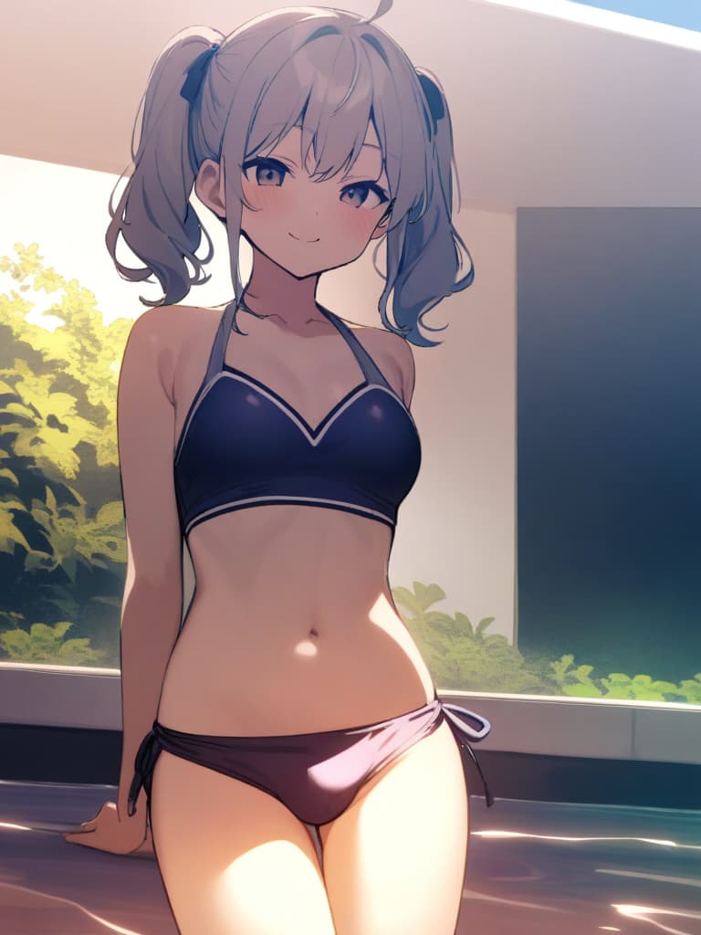  women's elementary students, twin tails, rich smiles, cute smiles, navy blue swimwear, old swimwear, swimwear, simple, male, shaped clear , shaped clear, clear stem, shaped crisp, male bulge,, front. the whole body, pool side,